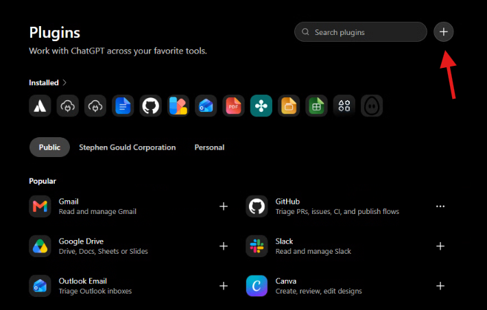 Plugins page with an arrow pointing to the plus button