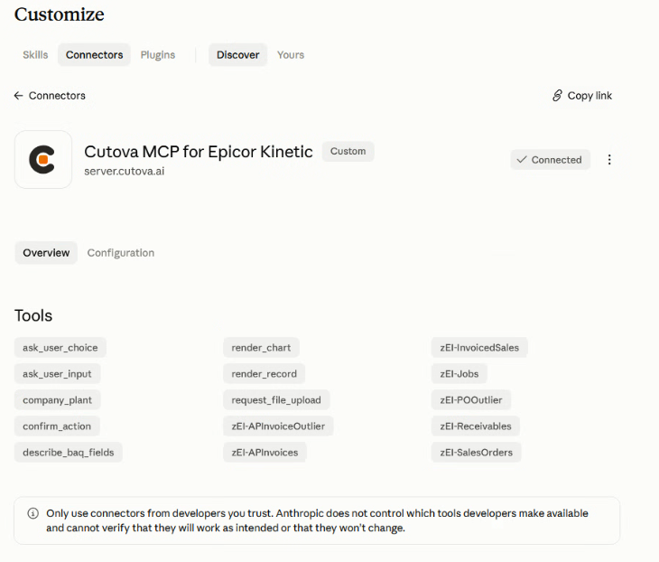 Cutova connector showing Connected and the tools available in the example environment