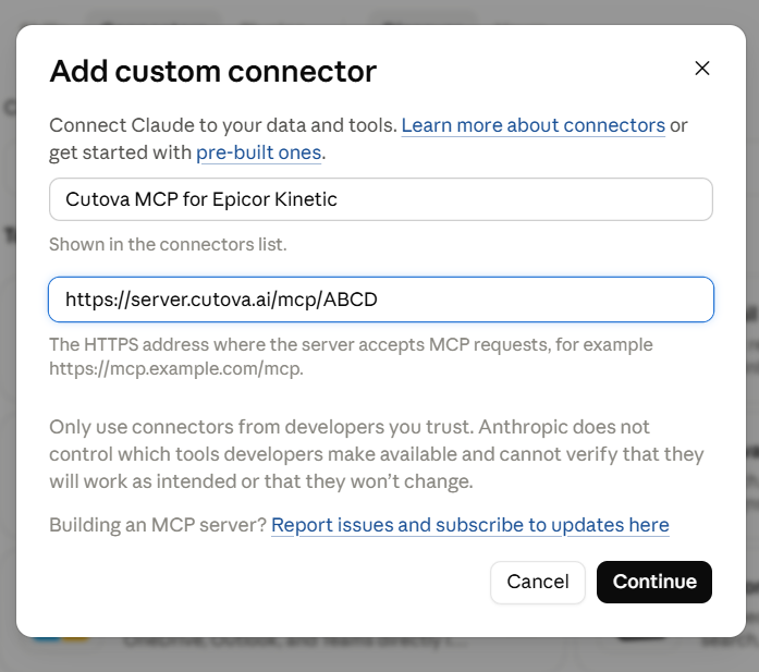 Add custom connector dialog with a name, example MCP URL and Continue button