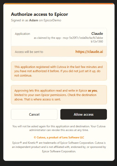Cutova consent screen identifying Claude, the destination and the Allow access button