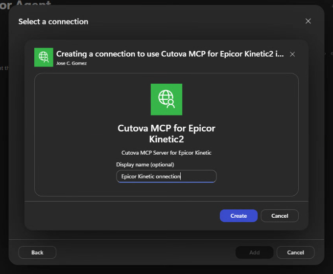 Connection creation dialog with an optional display name and Create button