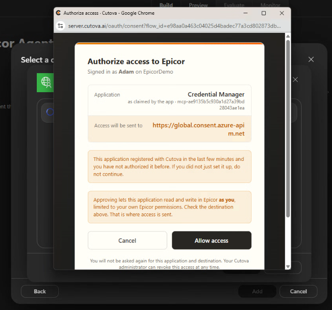 Cutova authorization window showing Credential Manager, the destination and Allow access
