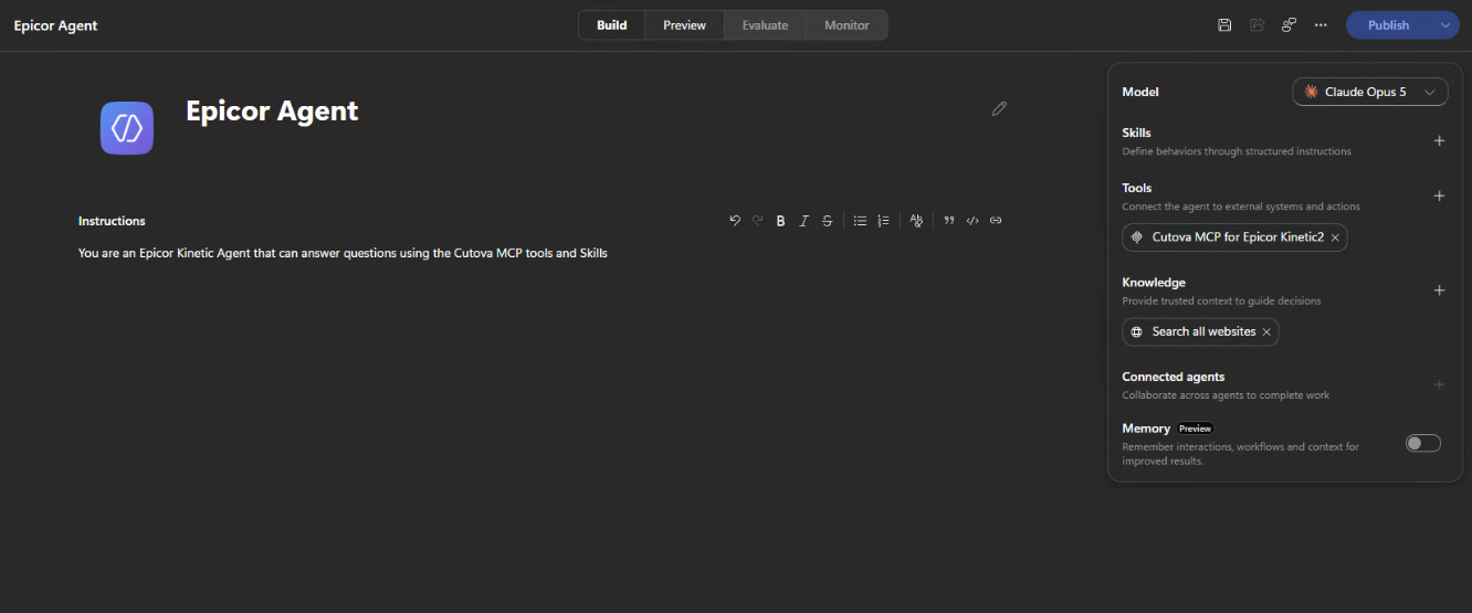 Agent Build tab with Cutova listed under Tools