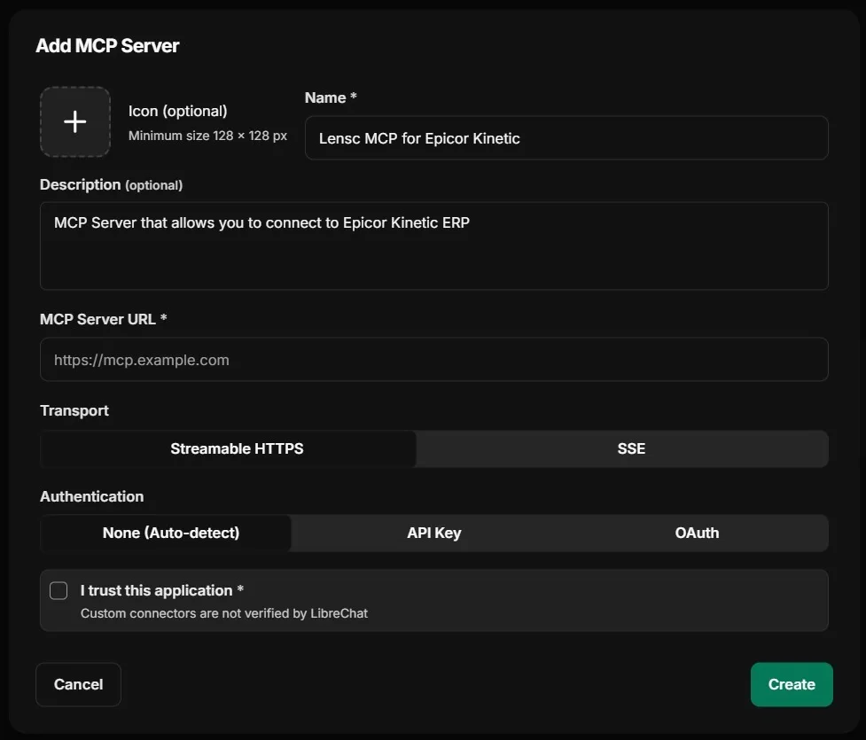 LibreChat Add MCP Server dialog with the MCP Server URL field