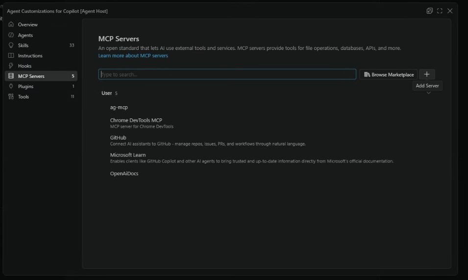MCP Servers page with the Add Server plus button