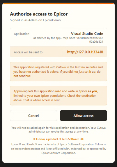 Cutova consent screen identifying Visual Studio Code and its local callback destination