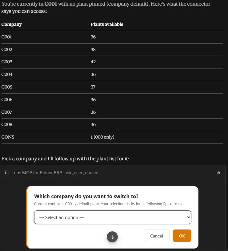 An interactive panel asking which company to switch to, with a dropdown