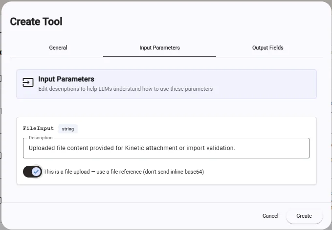 The Function Input Parameters tab, with the file upload switch turned on for a FileInput parameter