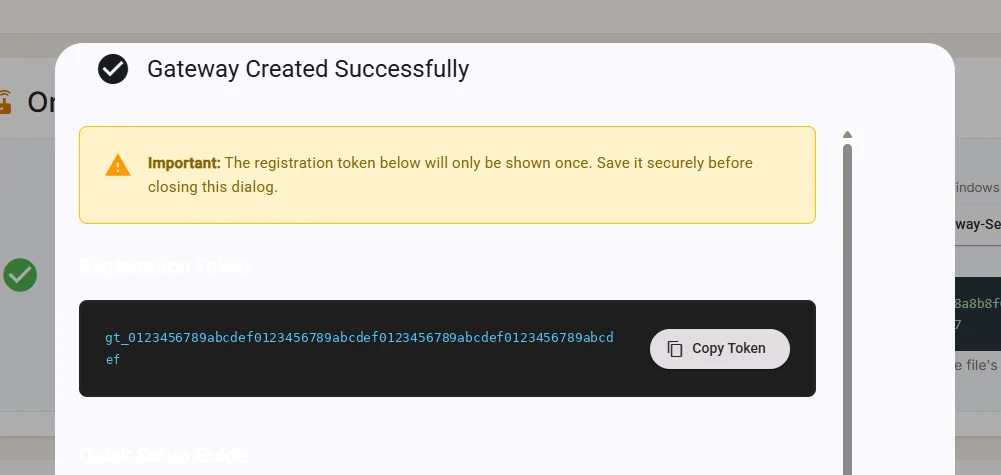 The dialog that shows the registration token once