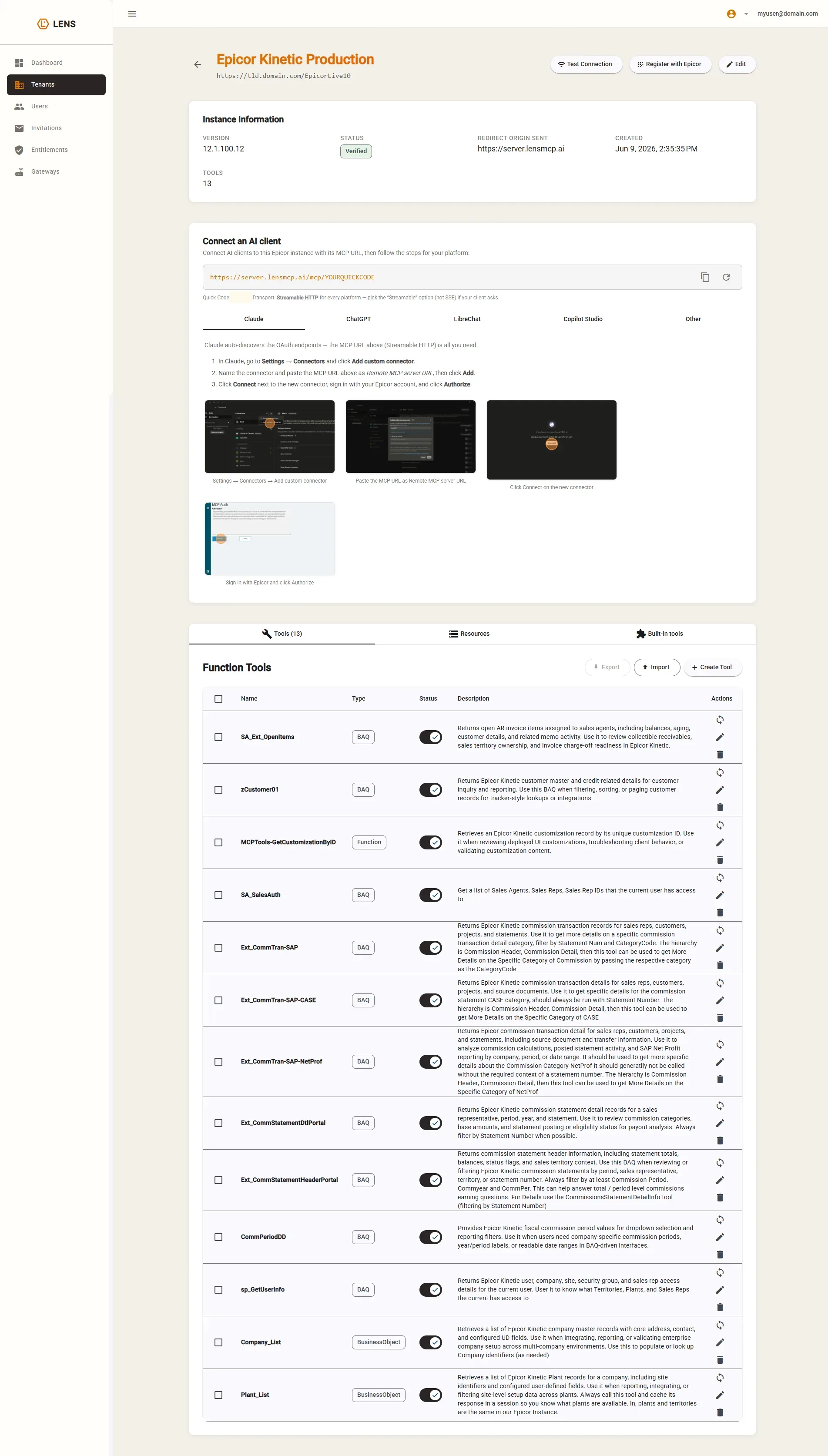 An instance page showing Verified status, the redirect origin and the Connect an AI client card