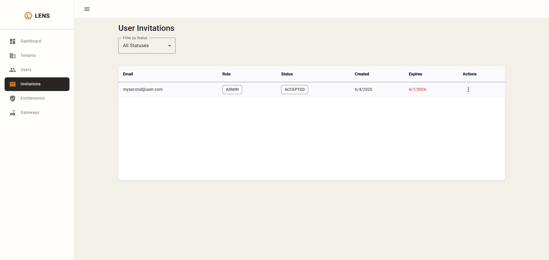 The User Invitations page, with status and expiry per invitation