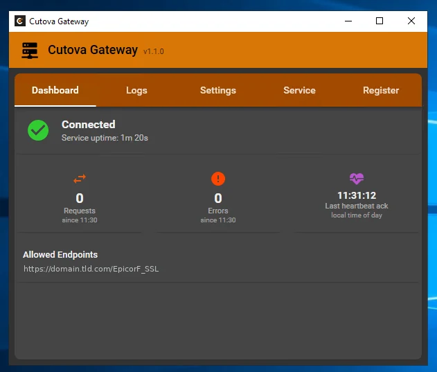 The gateway Dashboard showing Connected and one allowed endpoint