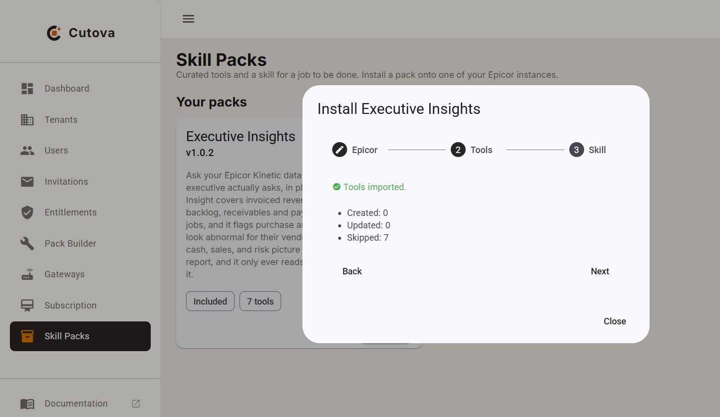 The Tools step reports Tools imported, with zero created, zero updated, and seven skipped