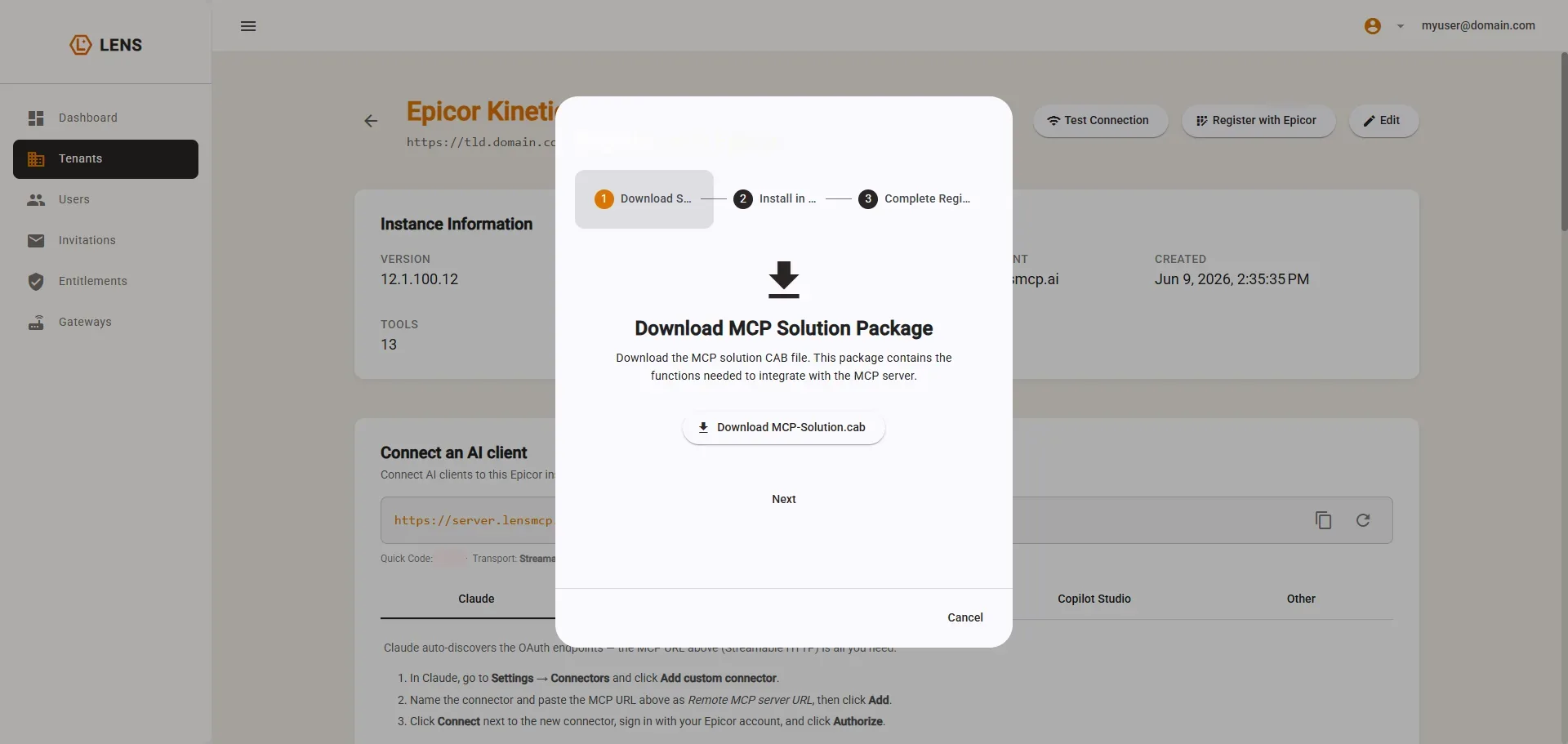 Wizard step 1, offering the MCP-Solution.cab download