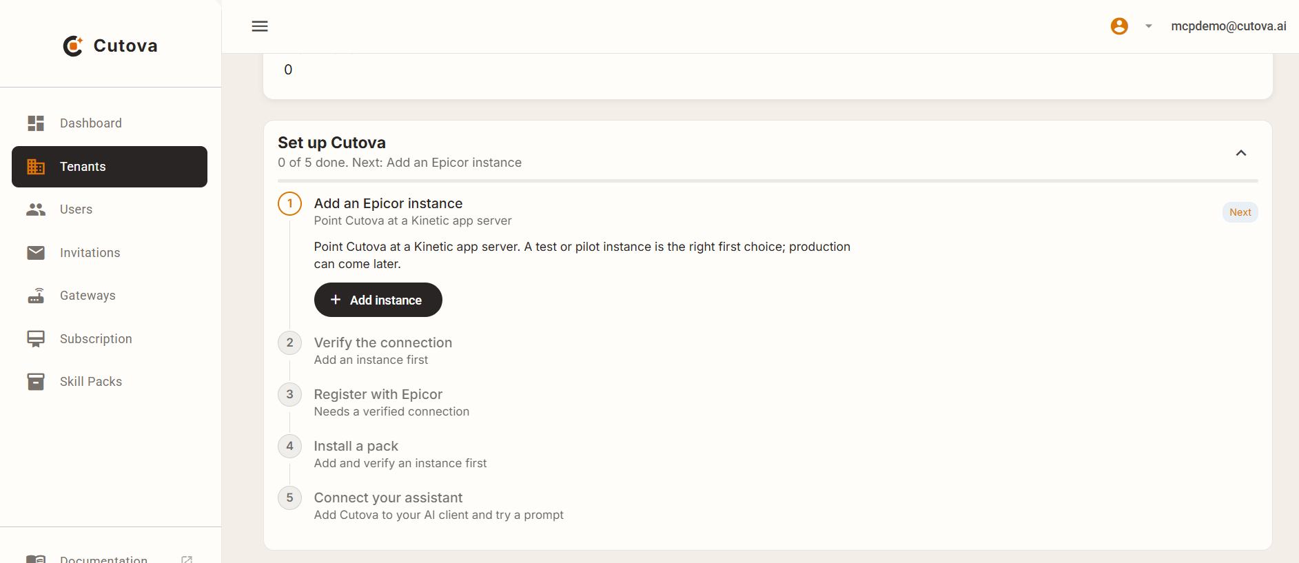 The expanded Set up Cutova guide, with Add an Epicor instance selected and the five setup steps visible