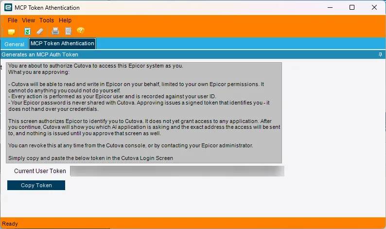 The Classic MCP Token window, showing the same notice, a token field and a Copy Token button