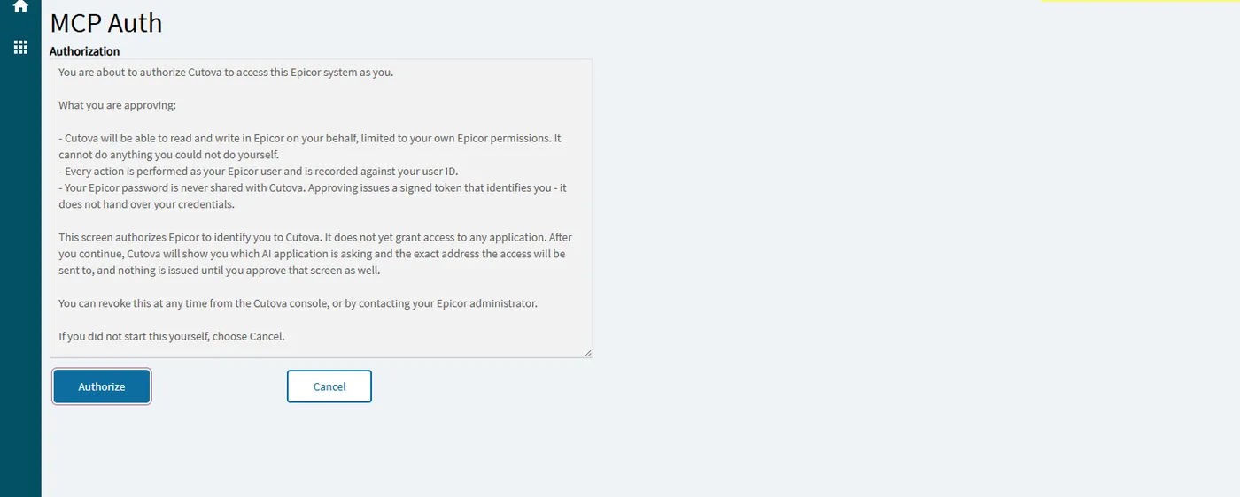 The Kinetic MCP Auth screen, with the authorization notice and Authorize and Cancel buttons